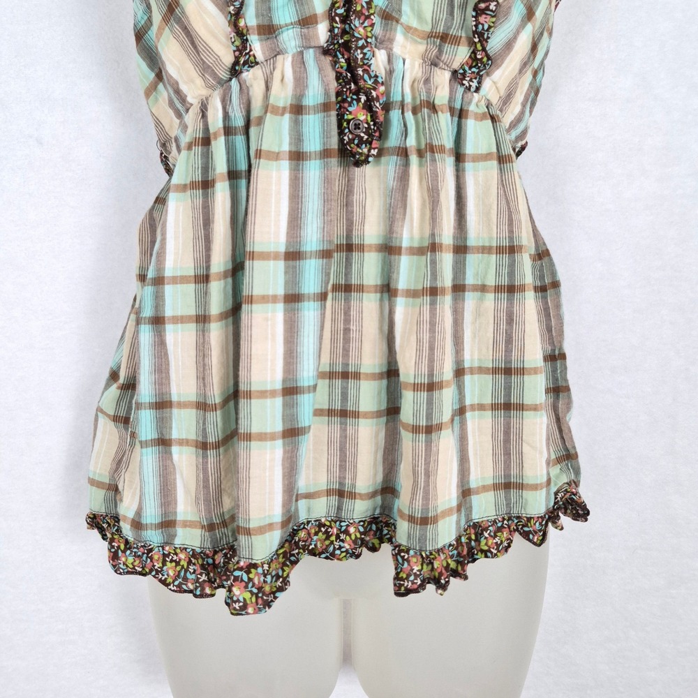 Mossimo Supply y2k 90s Plaid Floral Ruffle Cami Top Mint Brown Small Babydoll - Picture 3 of 11